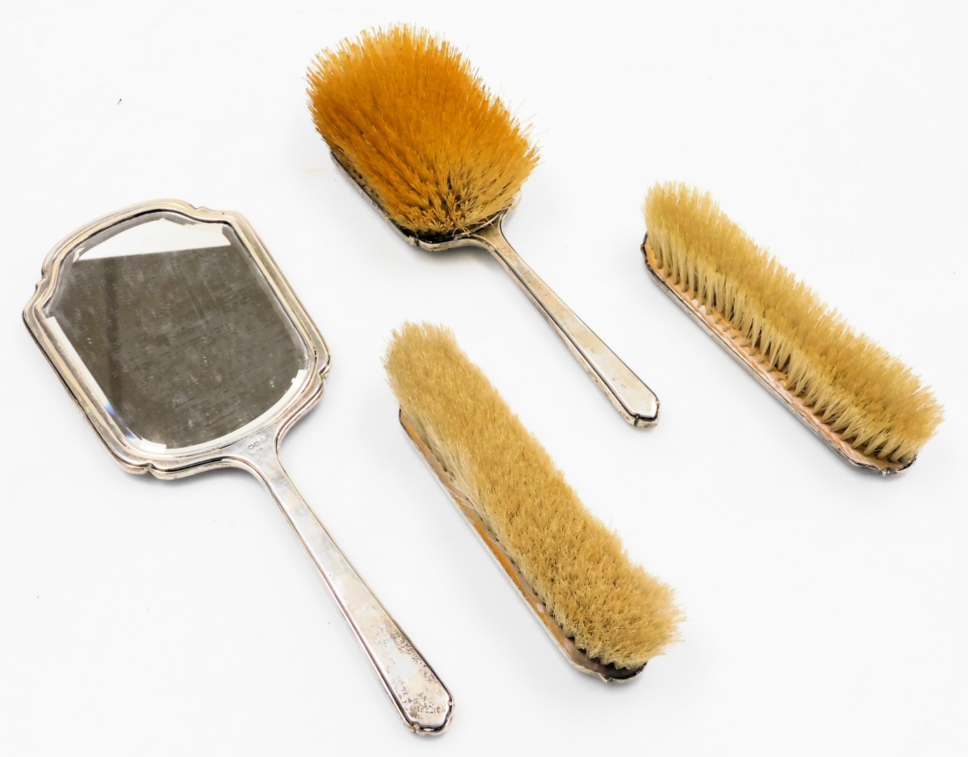 A George V silver and blue guilloche enamel four piece dressing table set, comprising a hairbrush, a - Image 2 of 3