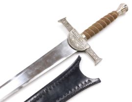 A replica Macleod clan sword, with leather scabbard, 102cm long.