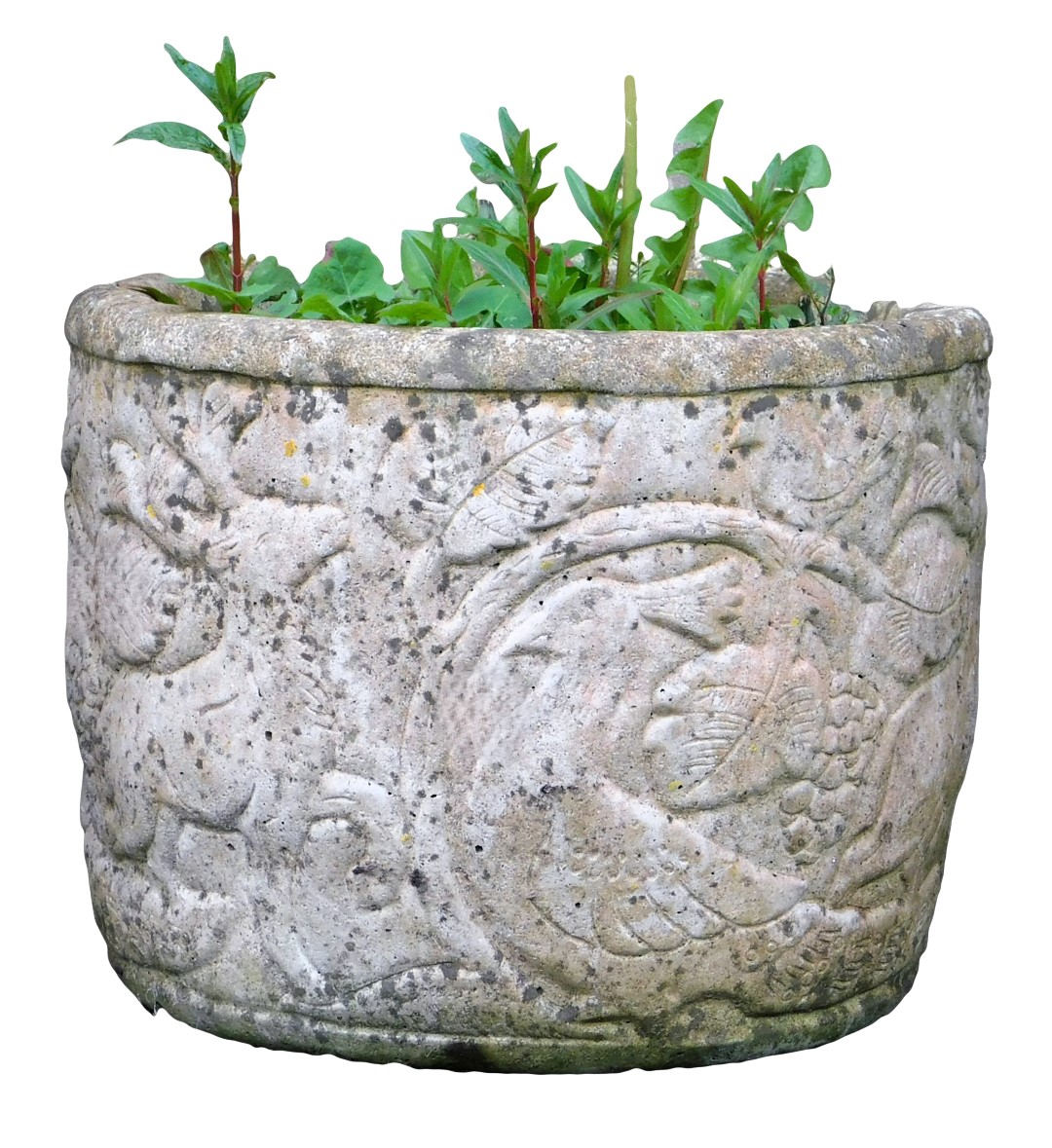 A reconstituted stone garden urn, cast with birds, leaves etc, 30cm high, 39cm diameter.