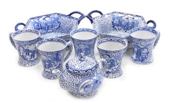 A pair of early 20thC Adams blue and white pottery baskets, chinoiserie decorated, printed marks, 26