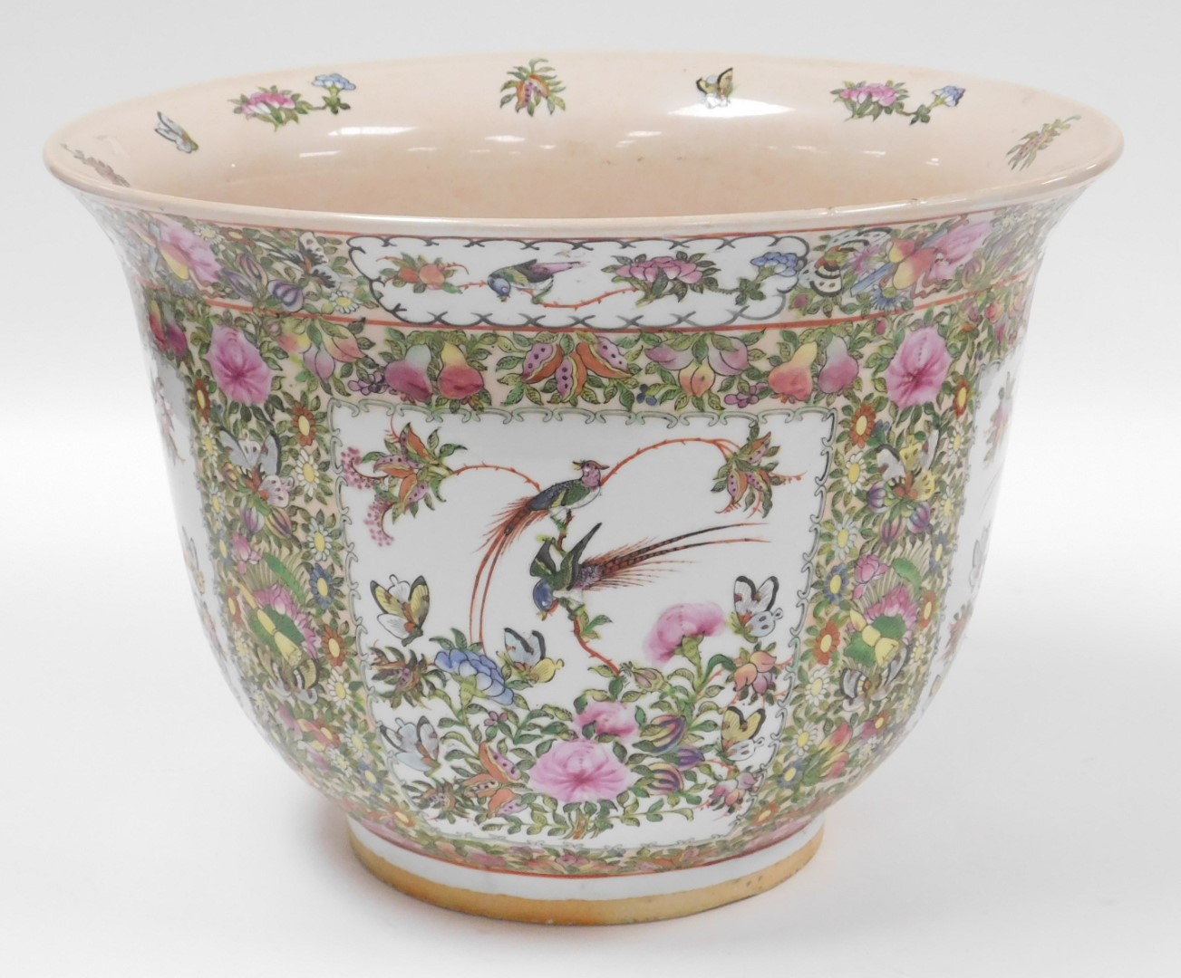 A Chinese Canton porcelain jardiniere, decorated with birds and insects within floral borders, 33cm - Image 3 of 6