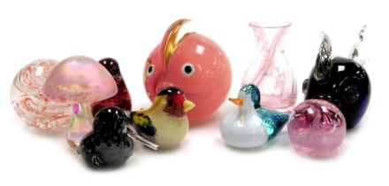 A group of glass figures of birds and fish, including Langham, a heron glass mushroom paperweight, f