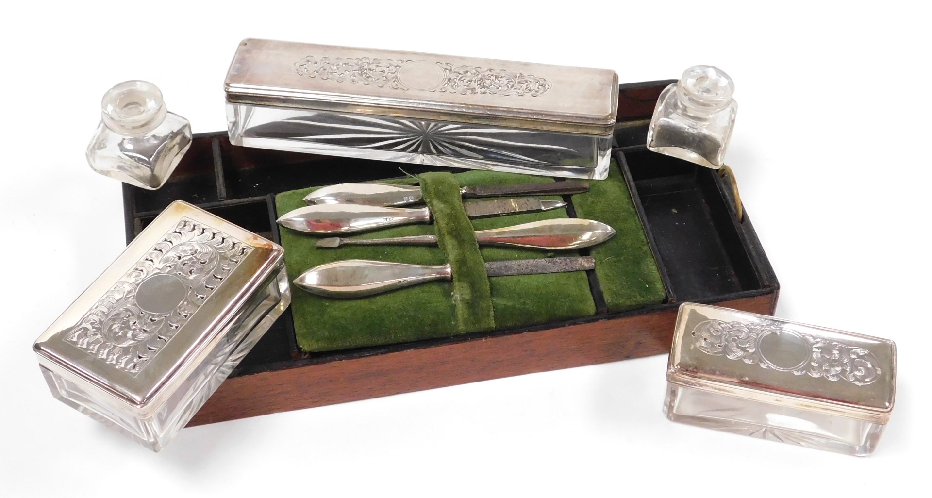 A Victorian rosewood and brass bound toilet set, with cut glass and plate lidded boxes, jars and man - Image 2 of 3