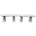 A pair of concrete garden benches, with rustic seats, raised on squirrel supports, 99cm wide.