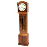 A 19thC Irish mahogany longcase clock, with arched door and plain base with plinth, the 30cm circula