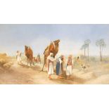 British School (20thC). A desert scene with bedouins, camels, palm trees and a city in the distance,