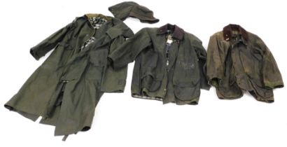 Two Barbour Beaufort jackets, size 38, Barbour hat, and a detachable coat hood, and Blue Ribband gre