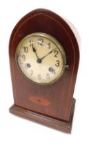 An Edwardian mahogany and inlaid mantel clock, circular cream dial bearing Arabic numerals, Kienzle