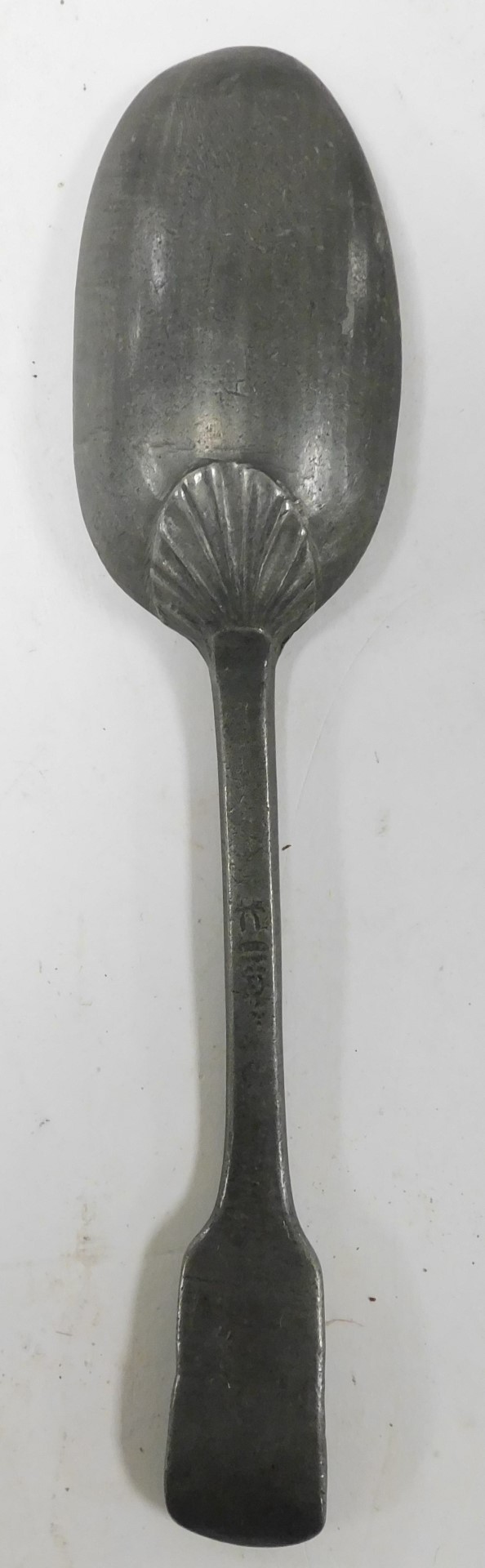 A group of Georgian pewter dessert spoons, with shell capped bowls, the handles initial engraved. (1 - Image 2 of 2