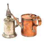 An early 20thC Helix copper oil can, 9034/54, 13.5cm high, together with a Clamfor pigeon oil lamp,