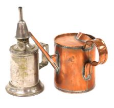 An early 20thC Helix copper oil can, 9034/54, 13.5cm high, together with a Clamfor pigeon oil lamp,