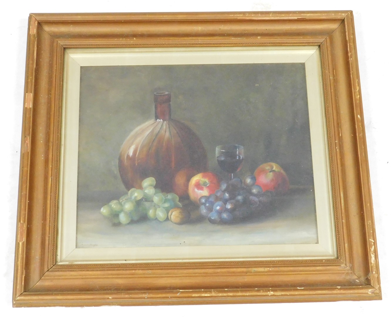 Minnie Morgan (British, early 20thC). Still life of fruit, with a wine glass and bottle, oil on canv - Image 2 of 3