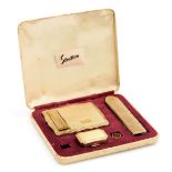 A mid century Stratton lady's compact and lipstick, together with a folding comb and a pill box, cas