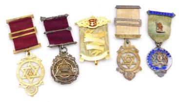 Six Victorian Masonic jewels, some silver, and enamel, including an Albion chapter jewel 1899, toget