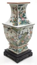 A 20thC Chinese porcelain famille verte vase, of square, baluster form, decorated with exotic birds,