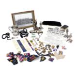 Militaria, medal ribbons and badges, buttons and pips, flat cap, 17th/21st Lancers, commemorative ta