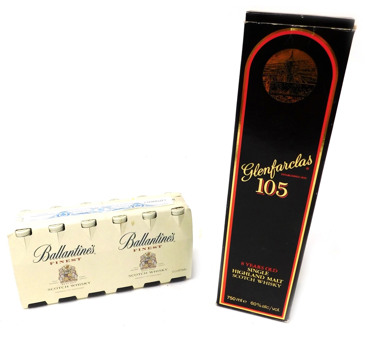 A bottle of Glenfarclas 105 highland malt scotch whisky, 8 years old, 750ml, boxed, together with tw