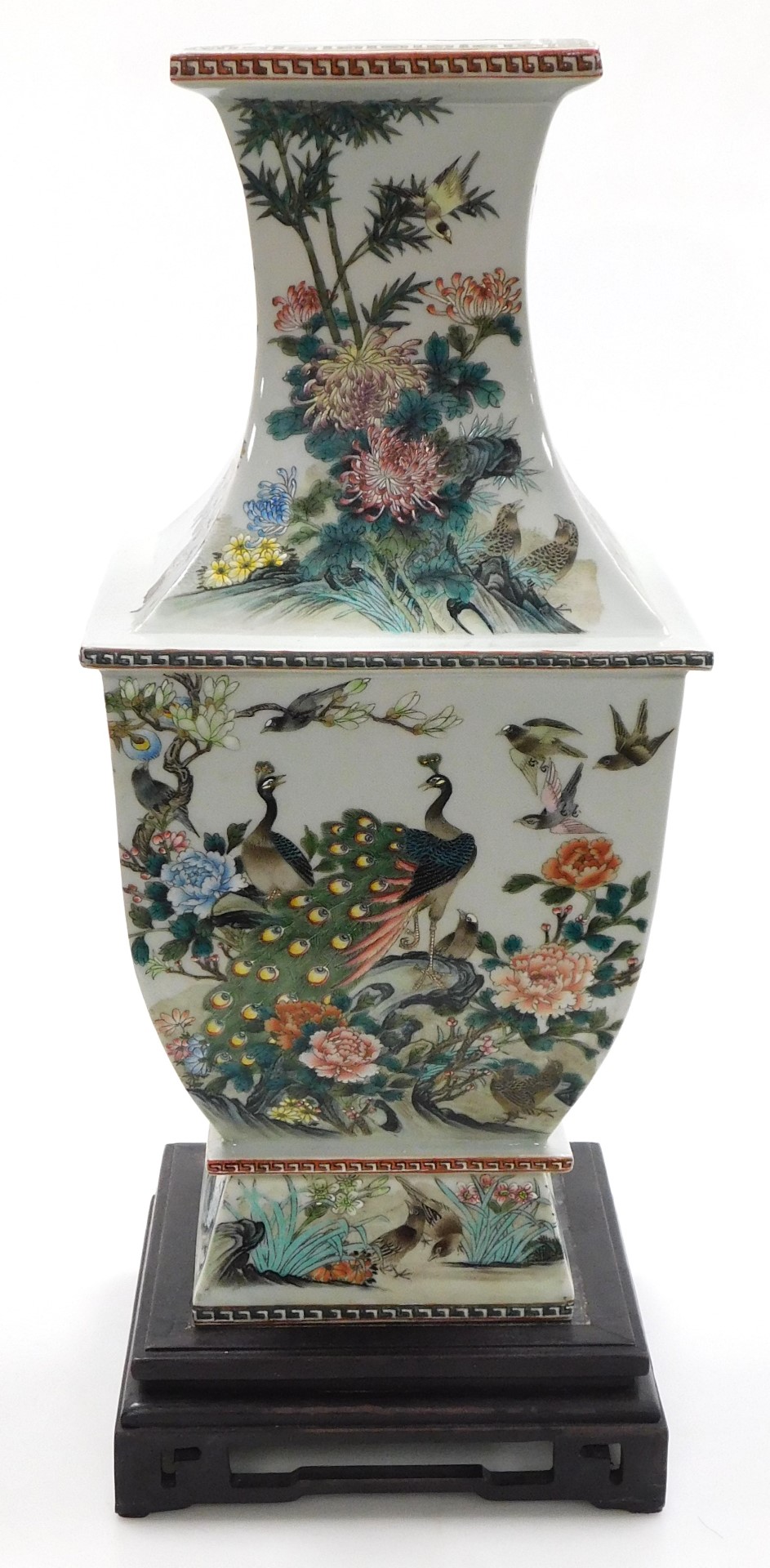 A 20thC Chinese porcelain famille verte vase, of square, baluster form, decorated with exotic birds, - Image 2 of 11