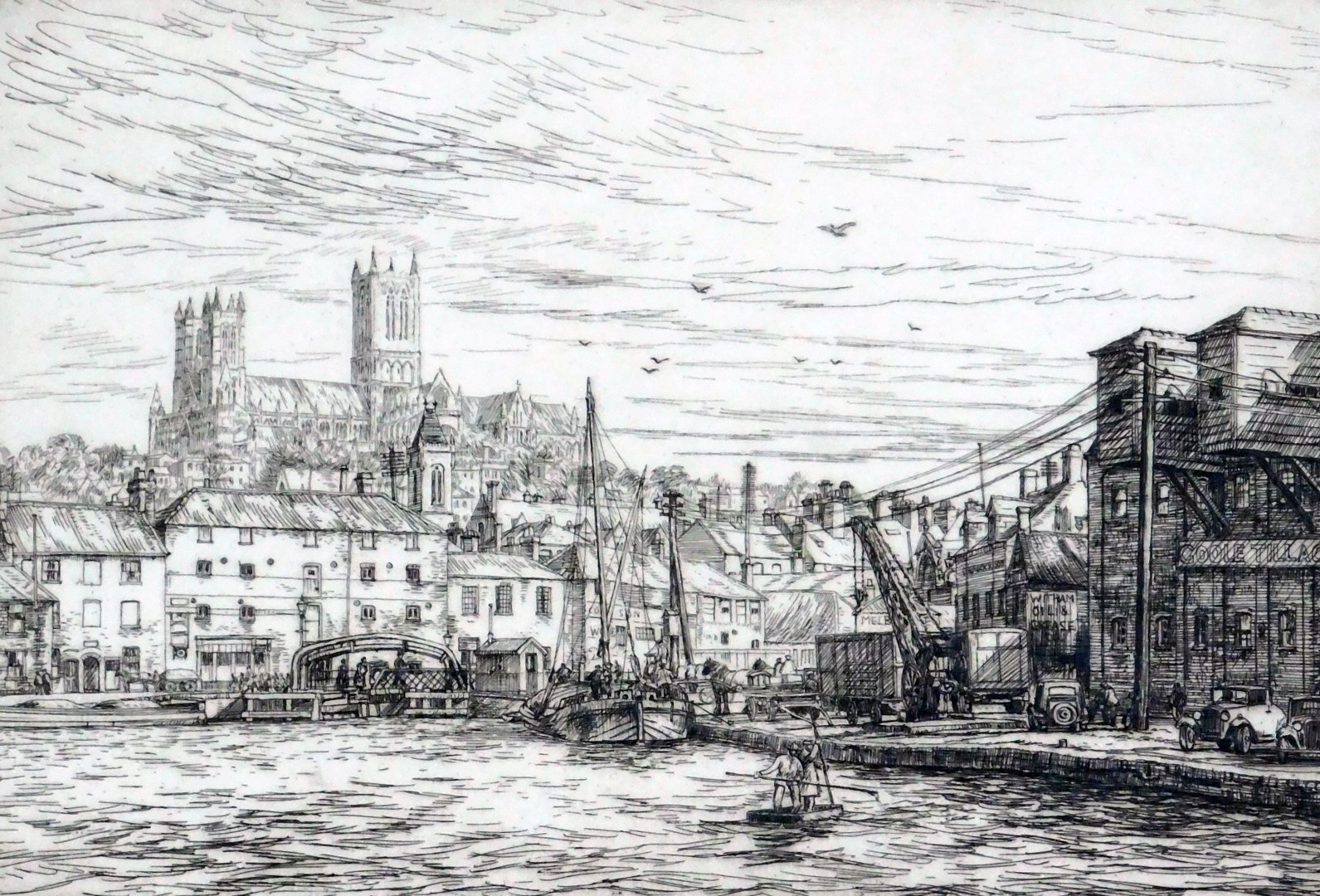 Edgar Holloway (British, 1914-2008). Lincoln Cathedral from Brayford Wharf, etching, limited edition