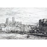 Edgar Holloway (British, 1914-2008). Lincoln Cathedral from Brayford Wharf, etching, limited edition