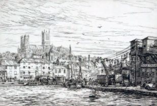 Edgar Holloway (British, 1914-2008). Lincoln Cathedral from Brayford Wharf, etching, limited edition