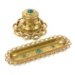 A Victorian brass desk set, inset with malachite cabochons, engraved with foliate decoration, and a