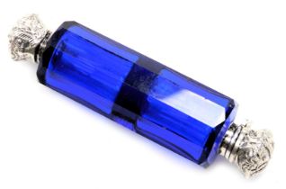 A Victorian Bristol blue glass double ended scent bottle, with hinged and screw lids, white metal, w