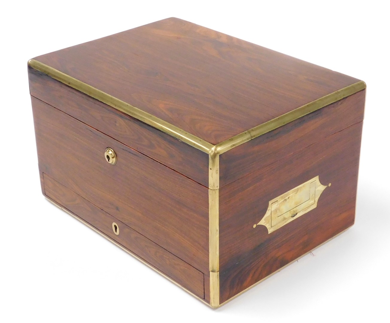 A Victorian rosewood and brass bound travelling box, the hinged lid opening to reveal a purple velve - Image 4 of 4