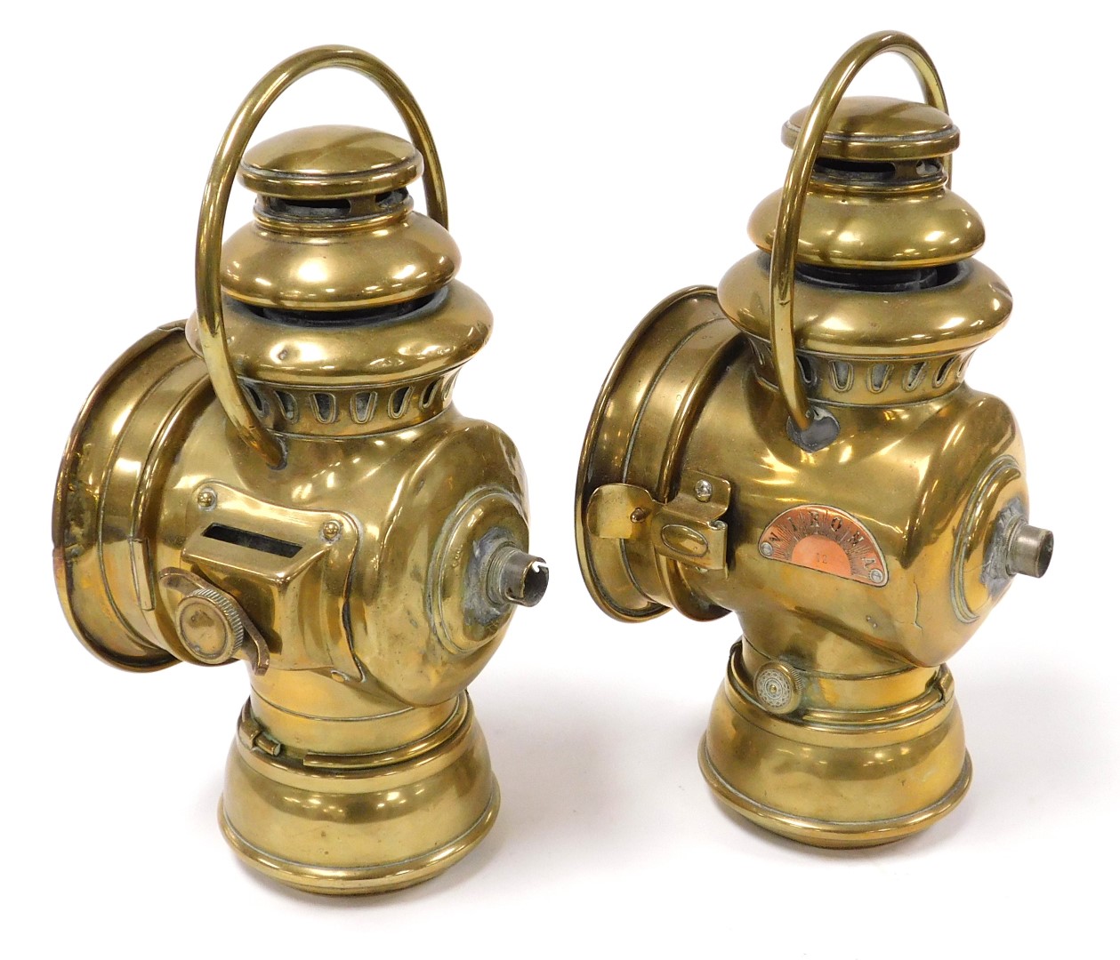 A pair of Nirona number 12 brass car oil lamps, 28cm high. - Image 2 of 2
