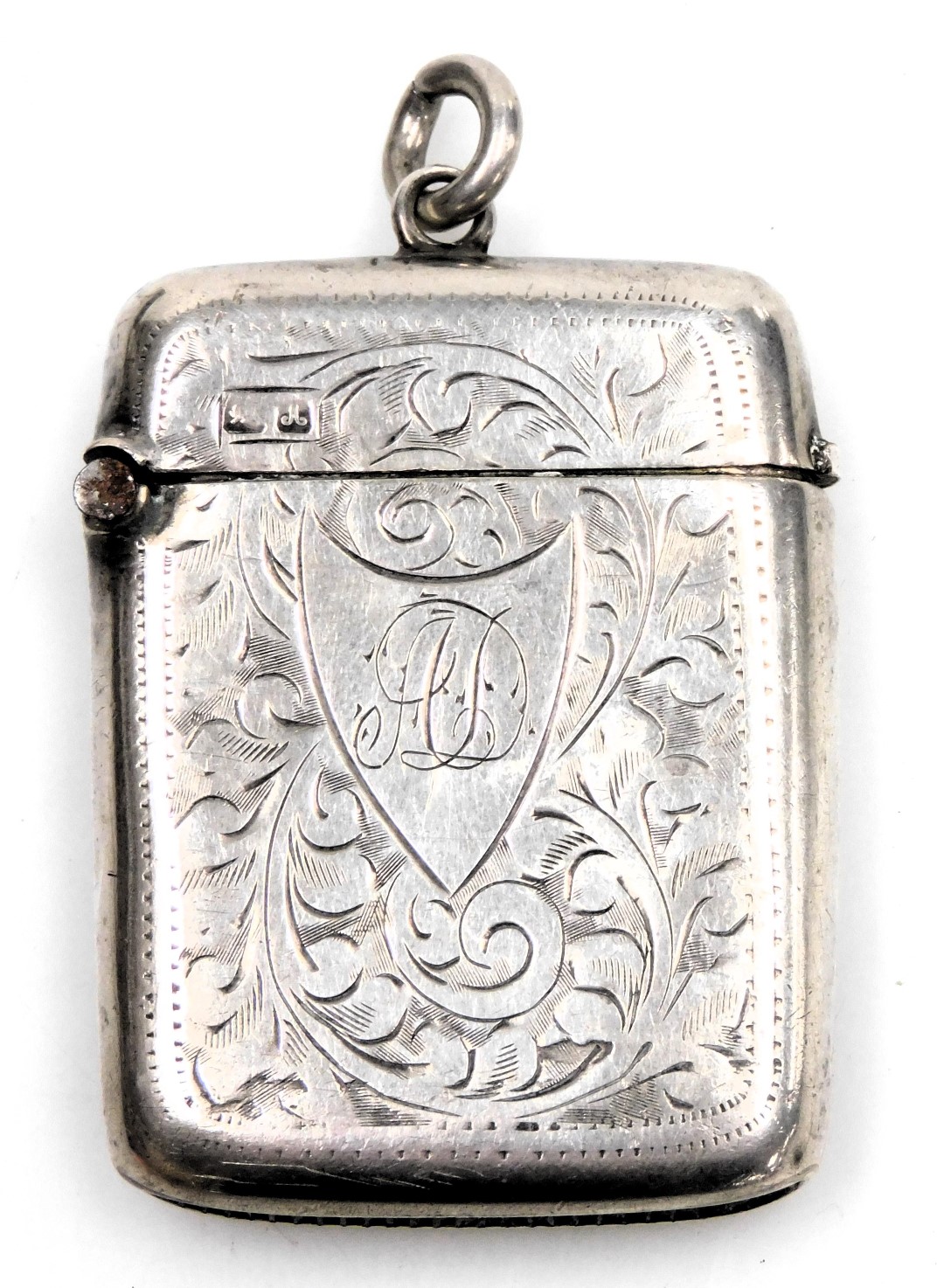 A Victorian silver vesta case, with engraved foliate decoration, shield reserve monogram engraved, C - Image 2 of 4