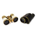 A pair of brass and mother of pearl bound opera glasses, together with a Monocular, Prizmatic number