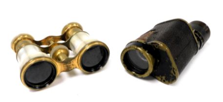 A pair of brass and mother of pearl bound opera glasses, together with a Monocular, Prizmatic number