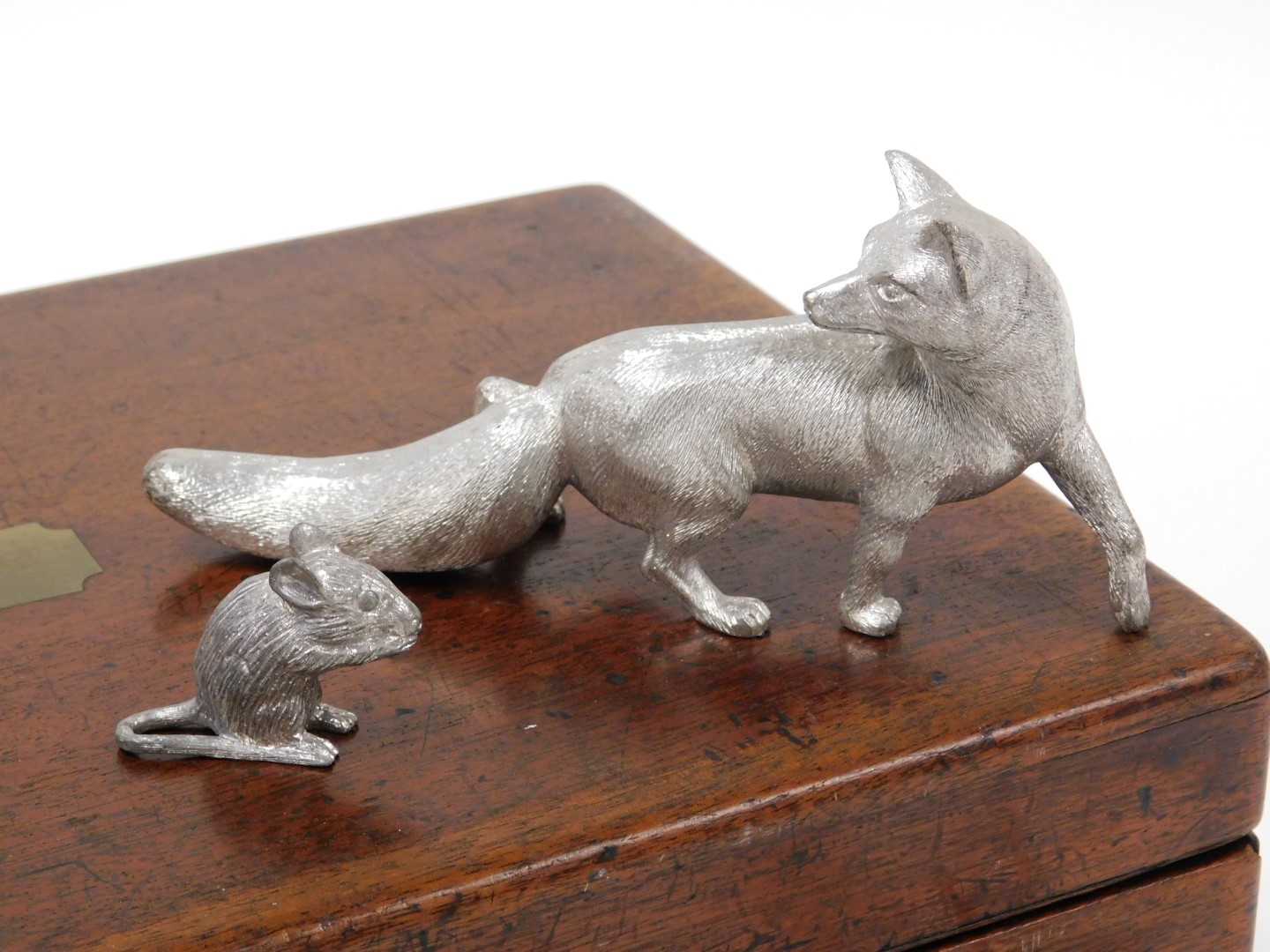 A group of silver plated figures, of animals, birds and a frog, including fox, hare, cow, stage, owl - Image 5 of 6