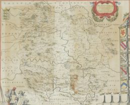 An 18thC map of Herefordshire, showing coats of arms, hand coloured engraving, 40cm x 48cm. (AF)