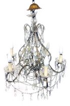 A cut glass six branch electrolier, with prismatic, tear and pear shaped drops, 75cm high.
