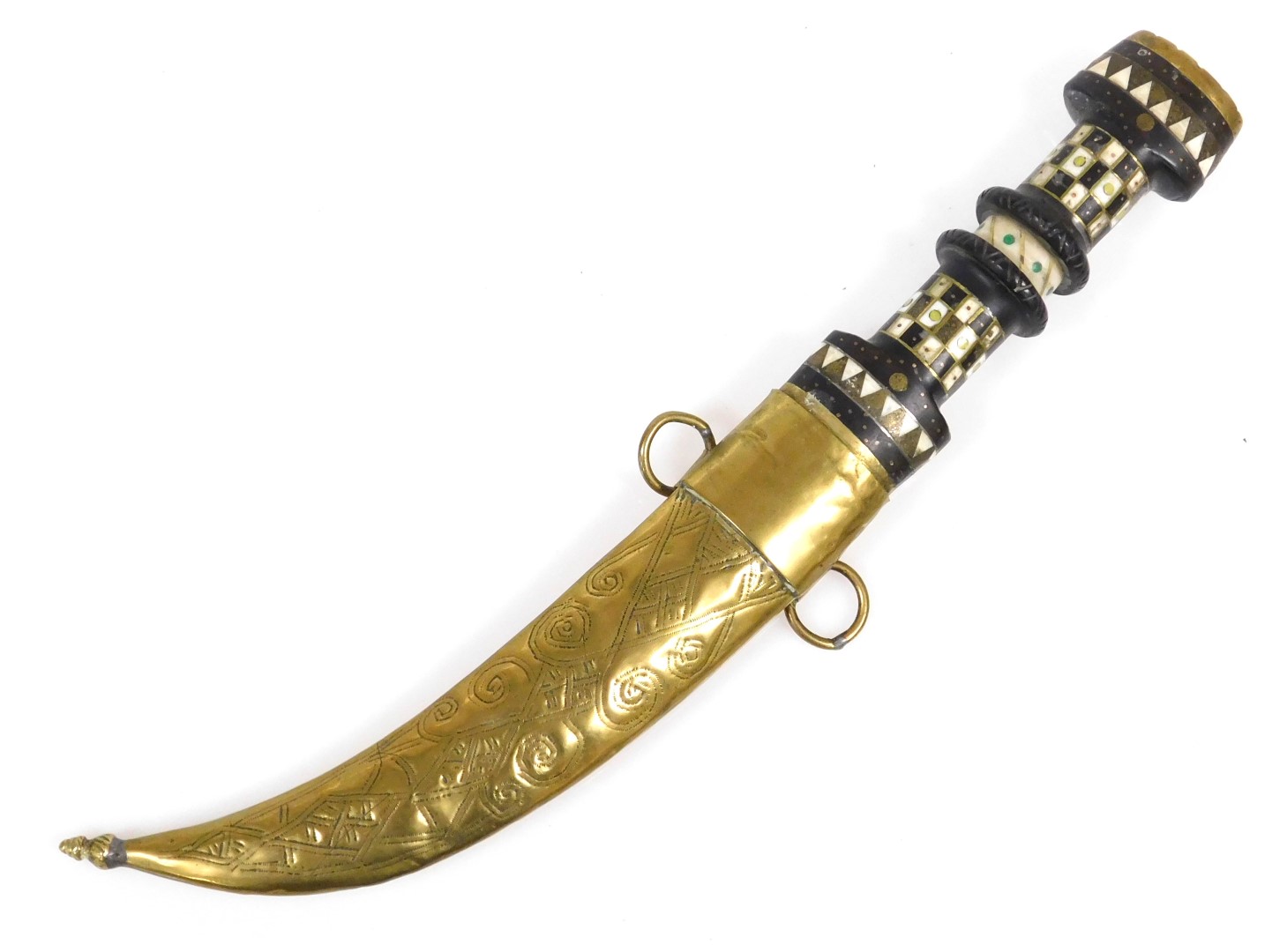 A 20thC Syrian Magdali dagger with a brass capped and inlaid ebony hilt, curved double edge blade an - Image 4 of 4