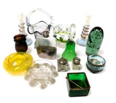 A group of Victorian and later glassware, including a turquoise glass basket, green dump paperweight