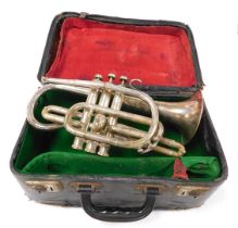 A Boosey & Hawkes silver plated imperial cornet, serial number 182855, mouthpiece lacking, cased.