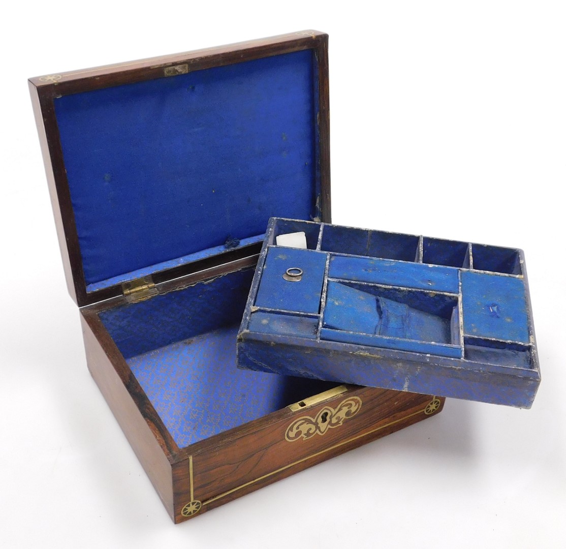 A Victorian rosewood and brass inlaid sewing box, with escutcheon to the lid named for M P Morris, t - Image 2 of 3