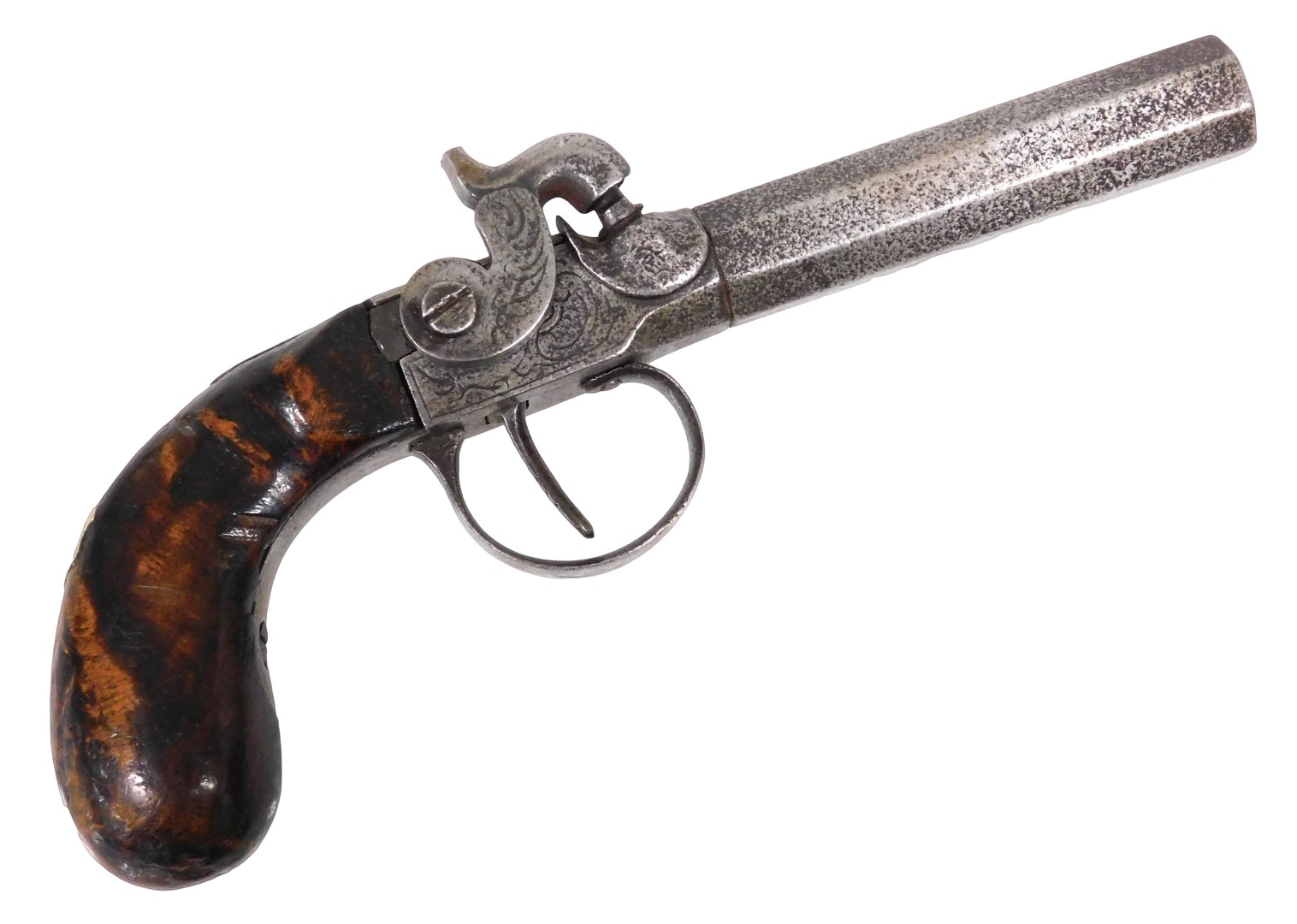 A 19thC side lock percussion cap pocket pistol, with an 8cm long octagonal barrel and walnut grip, 1