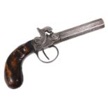 A 19thC side lock percussion cap pocket pistol, with an 8cm long octagonal barrel and walnut grip, 1