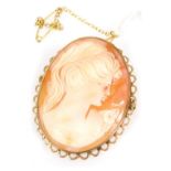 A 9ct gold and shell cameo brooch, bust portrait of a lady in an oval frame, with safety pin as fitt