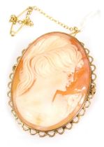 A 9ct gold and shell cameo brooch, bust portrait of a lady in an oval frame, with safety pin as fitt