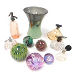 A group of 20thC glass, including five art deco atomisers, Strathearn glass vase, Caithness Moonflow