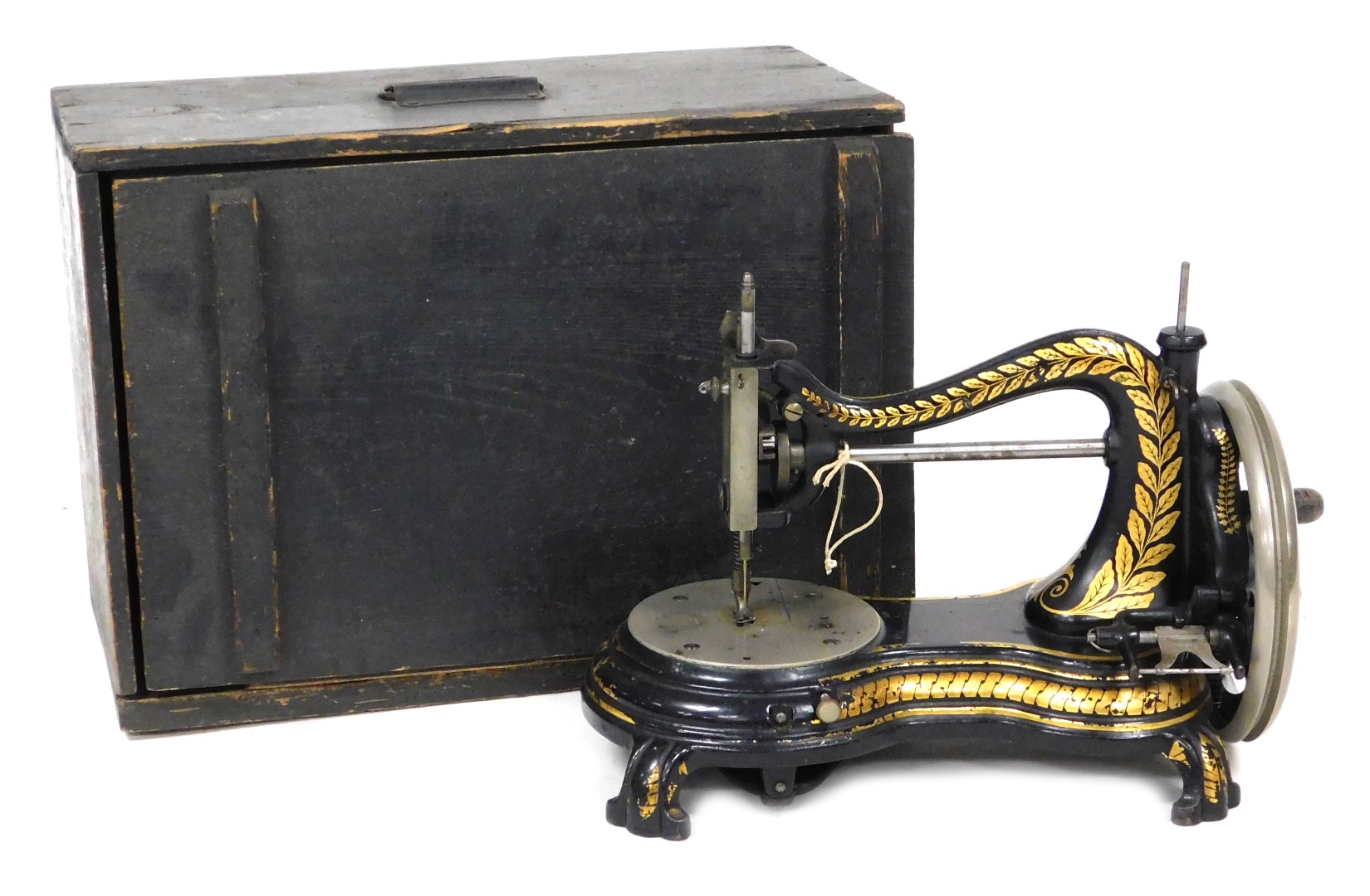 A late 19thC Jones & Company sewing machine, of Guide Bridge, Manchester, pine box.