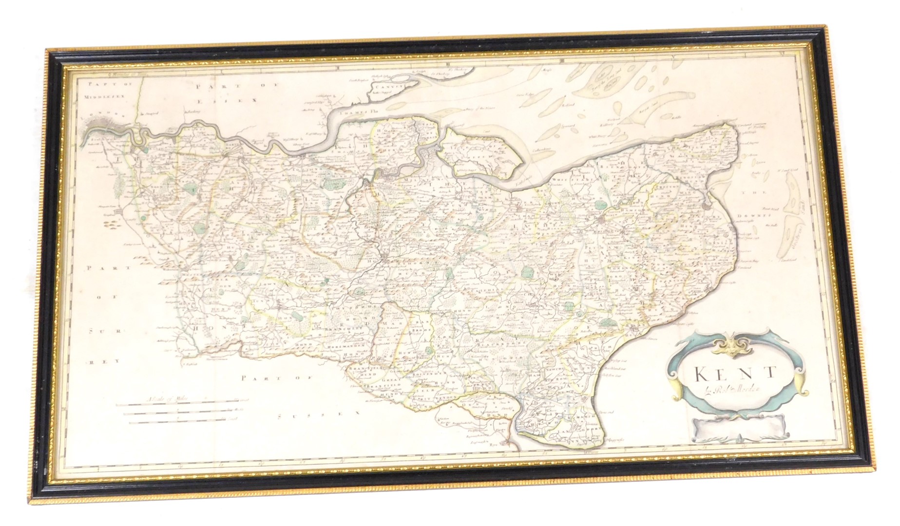 After Robert Morden (English, 1650-1703). A map of Kent, hand coloured engraving, 35cm x 65cm. - Image 2 of 3