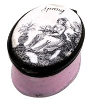 An early 19thC Staffordshire enamel patch box, with a hinged lid decorated with a seated lady, emble