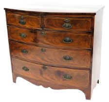 A mahogany and line inlaid bow fronted chest, of two short over three long graduated drawers, raised