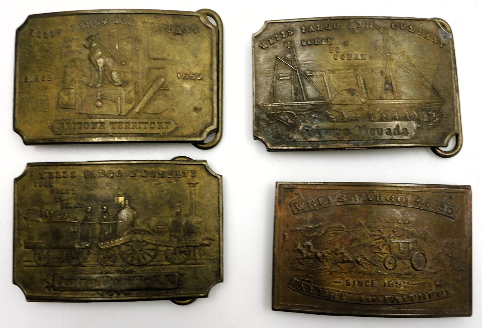 Four Wells Fargo and Company belt buckles, for Arizona Territory, Central Pacific RR Alert and Faith - Image 2 of 3