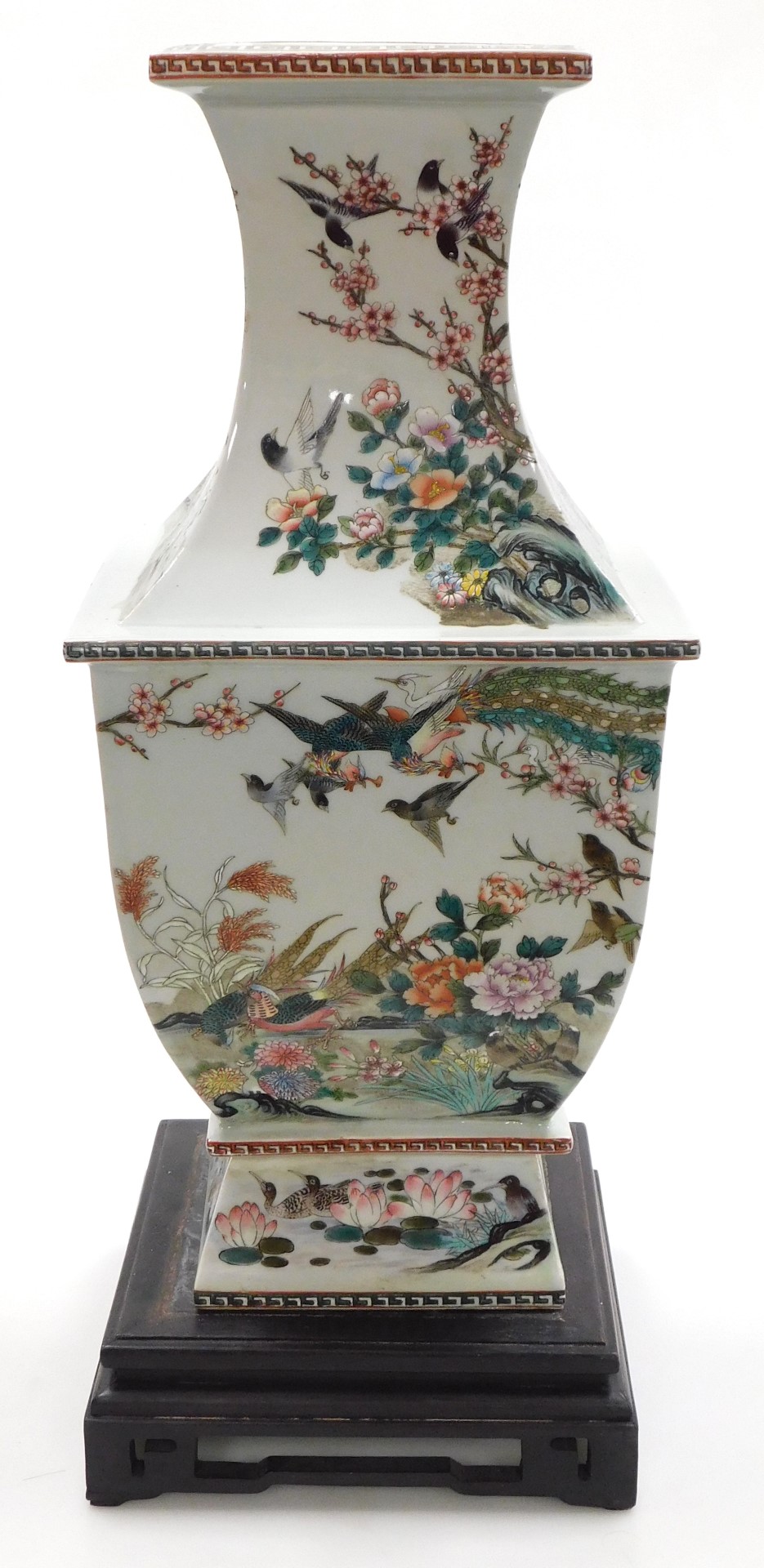 A 20thC Chinese porcelain famille verte vase, of square, baluster form, decorated with exotic birds, - Image 5 of 11